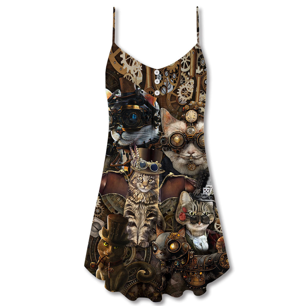 Steampunk Cat Mad Style – Women's Summer Sleeveless V-Neck Camisole Dress