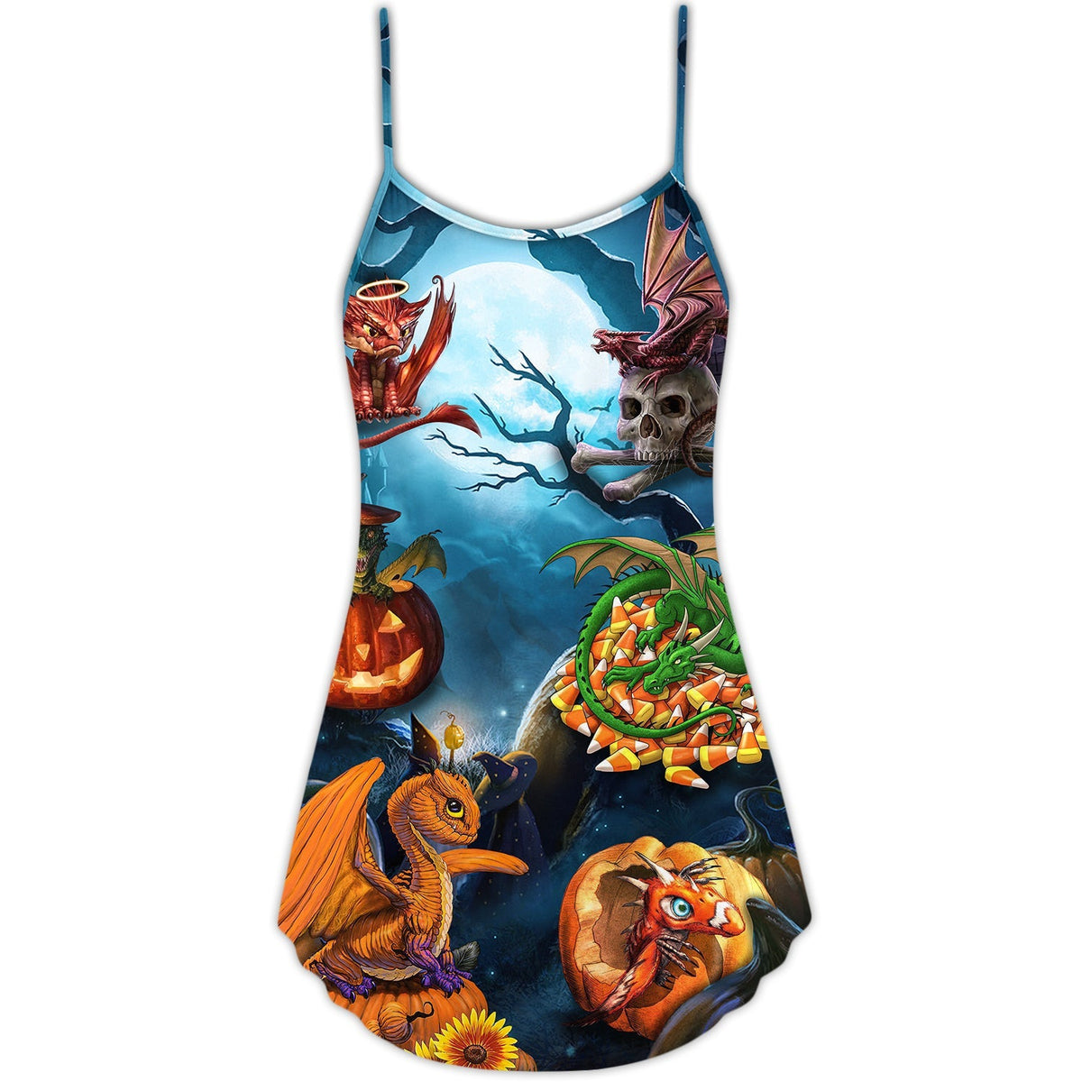 Halloween Dragon Pumpkin Night Sky – Women's Summer Sleeveless V-Neck Camisole Dress