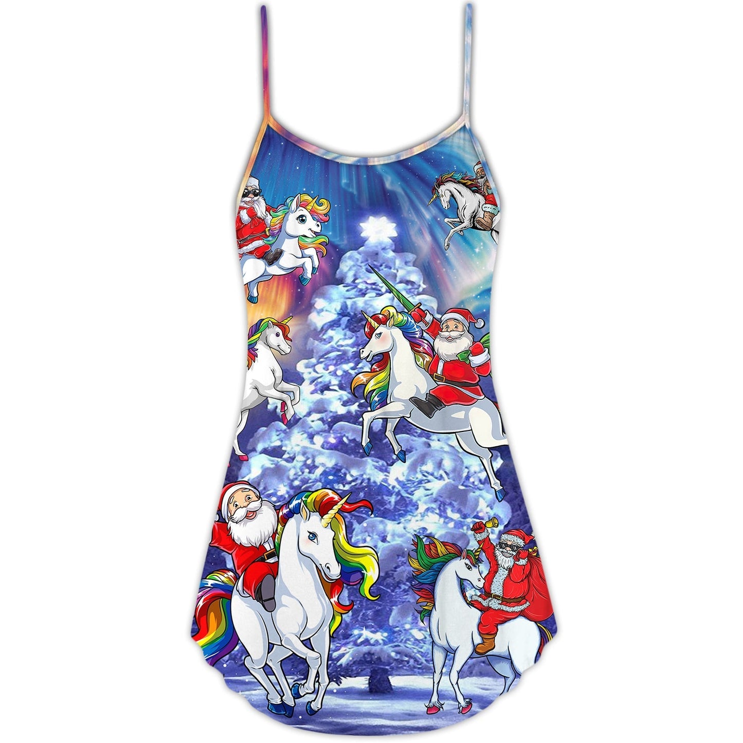 Santa Riding Unicorn Rainbow Night – Women's Summer Sleeveless V-Neck Camisole Dress