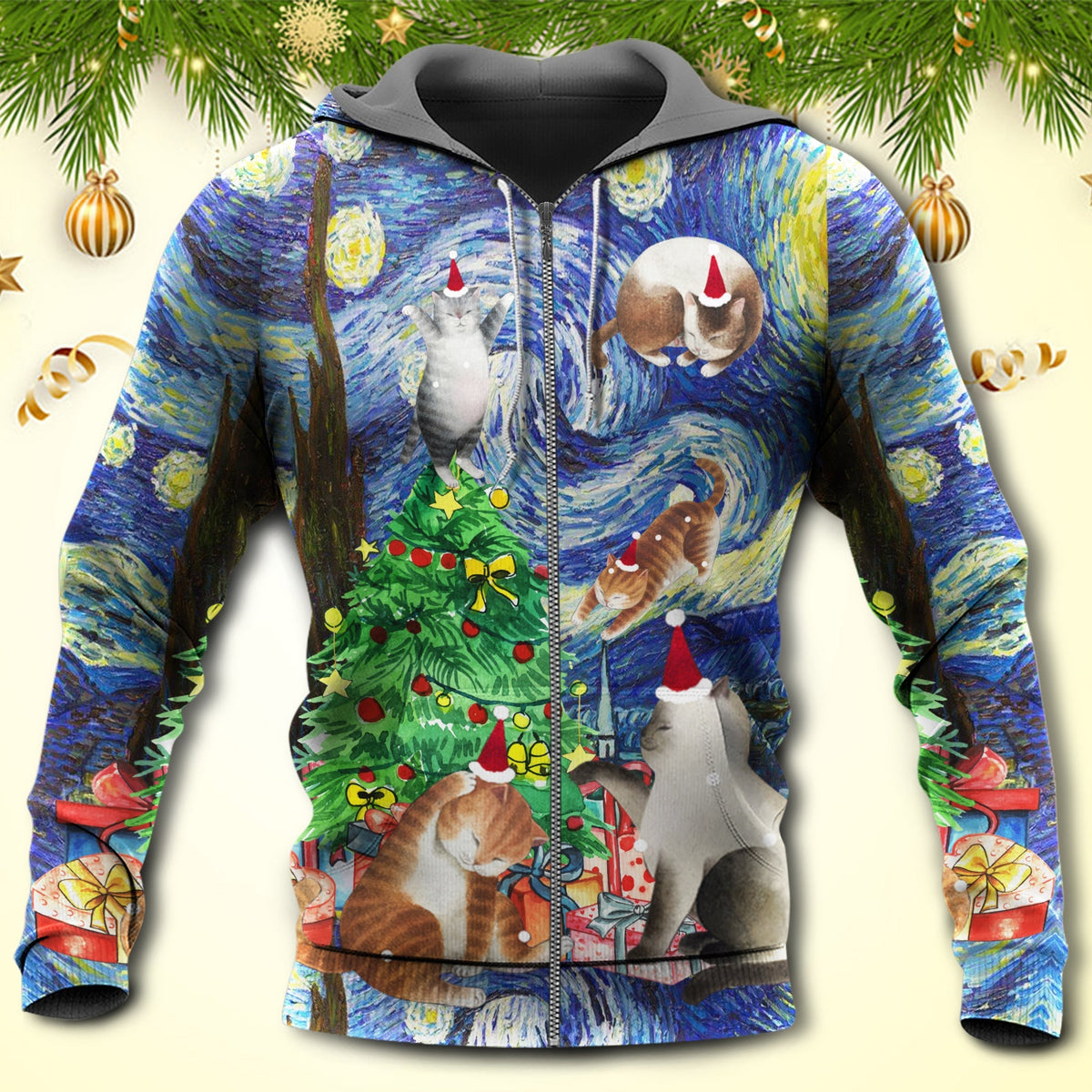 Christmas Cat Playing Starry Night Art – 3D Hoodie