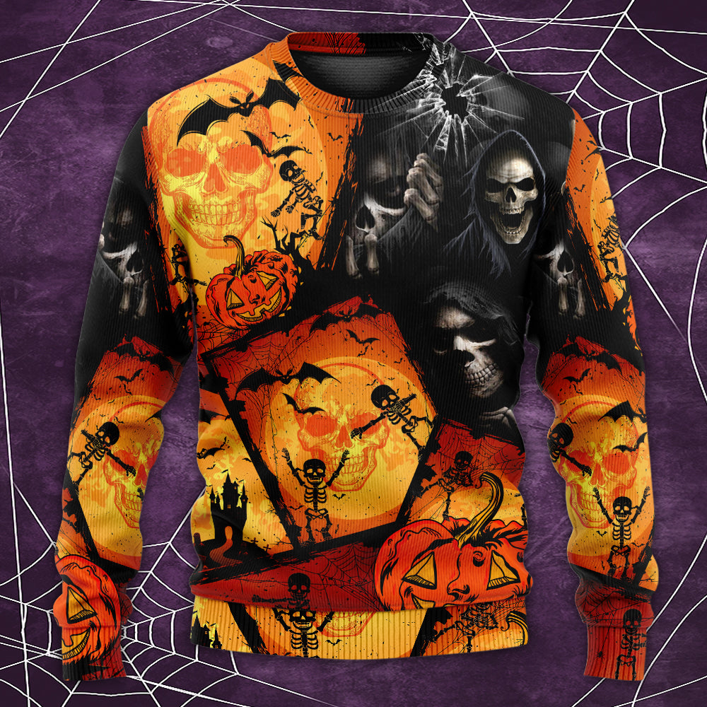 Halloween Skull Pumpkin Night Art – Sweater - Ugly Christmas Sweater