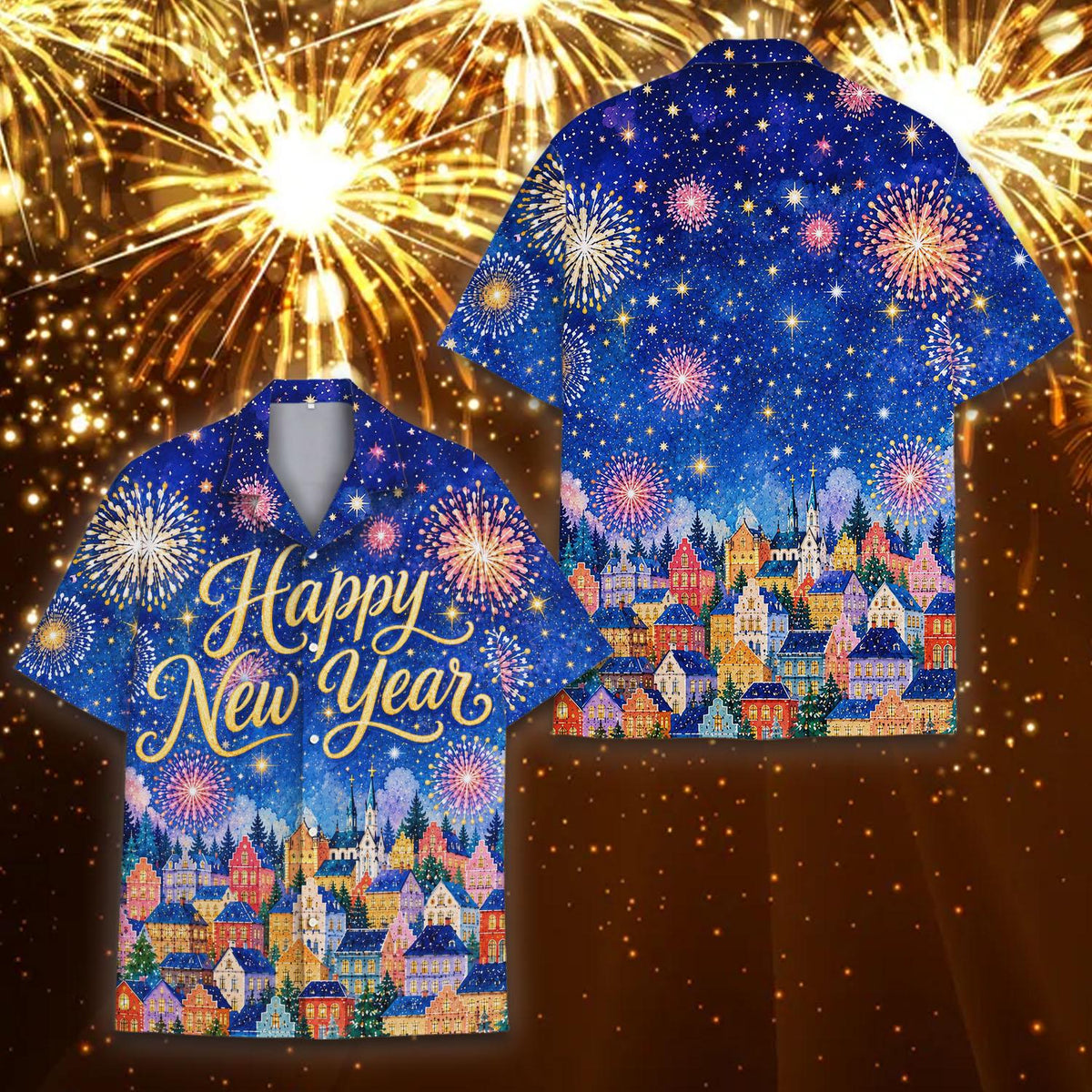 Happy New Year Fireworks City Night Celebration – Hawaiian Shirt