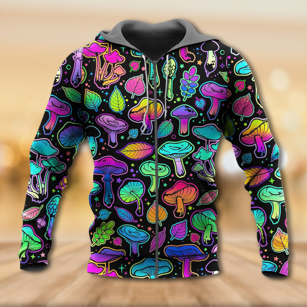 Neon Mushroom Leaf Art - 3D Hoodie