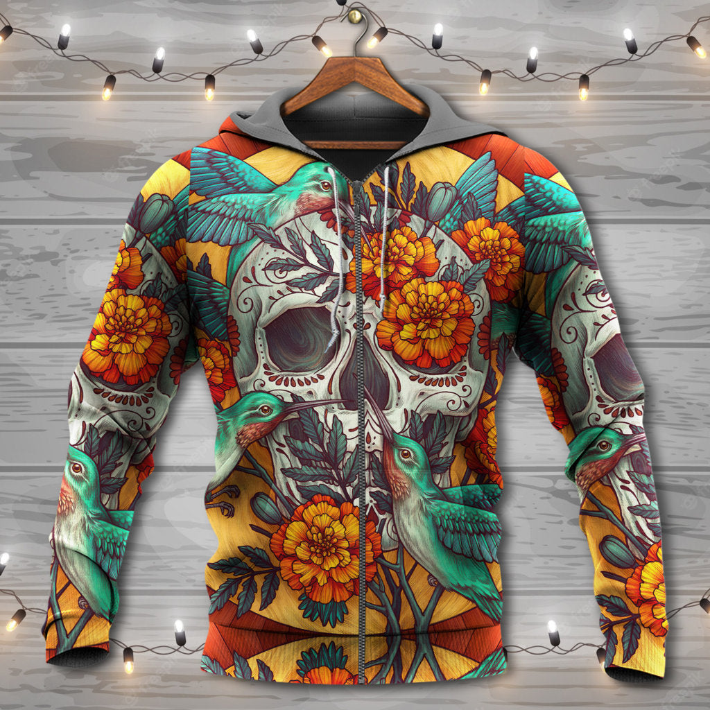 Floral Skull Hummingbird Art - 3D Hoodie