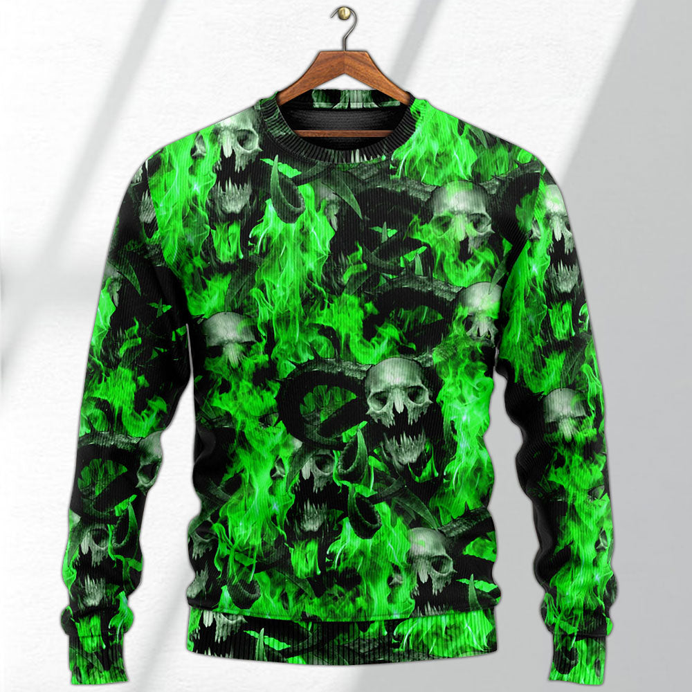 Green Flame Skull Burning Art – Sweater - Ugly Christmas Sweater