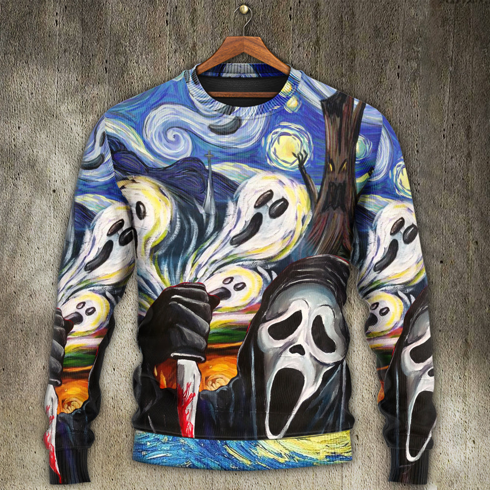 Halloween Ghost Starry Night Art – Sweater - Ugly Christmas Sweater