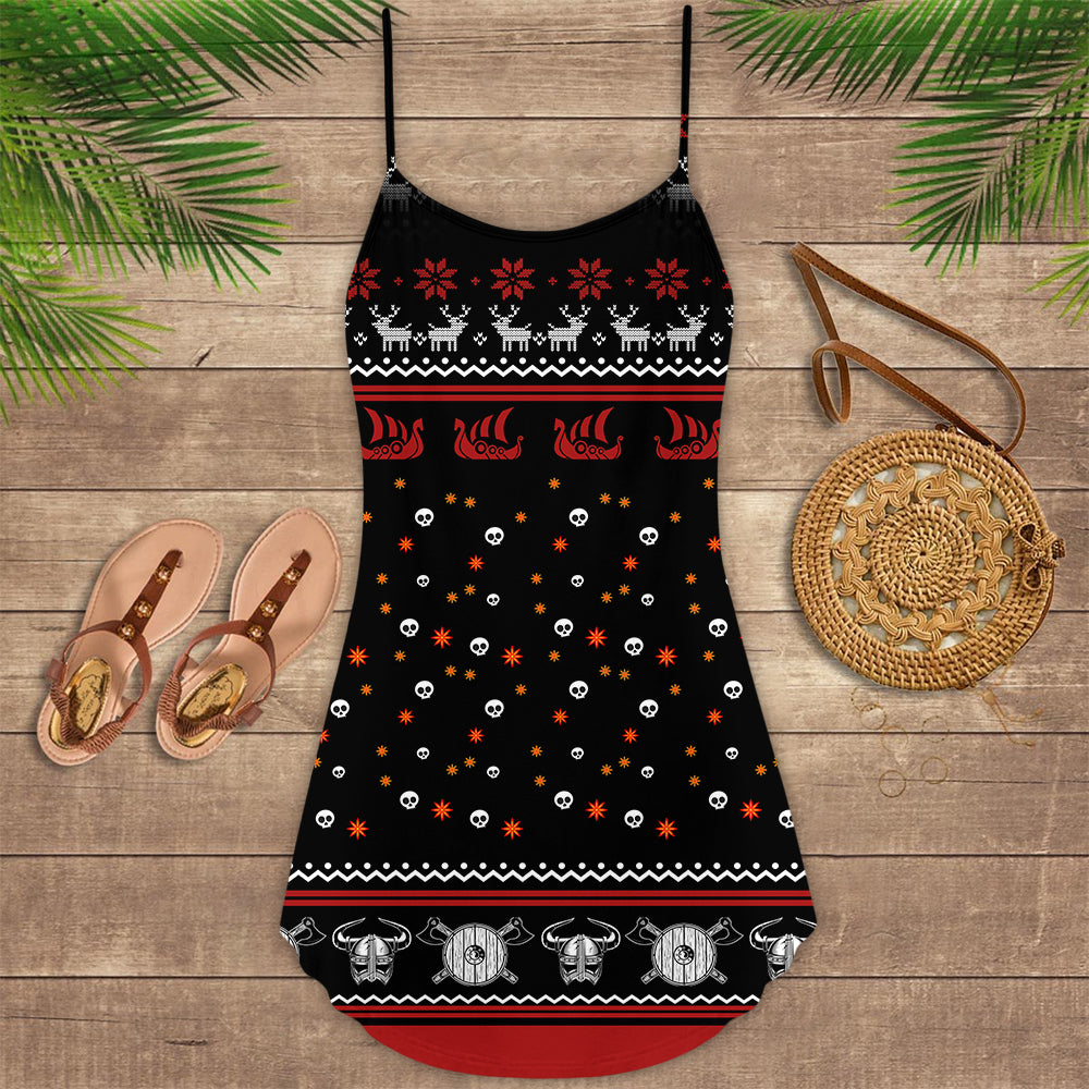 Nordic Warrior Red And White – Women's Summer Sleeveless V-Neck Camisole Dress