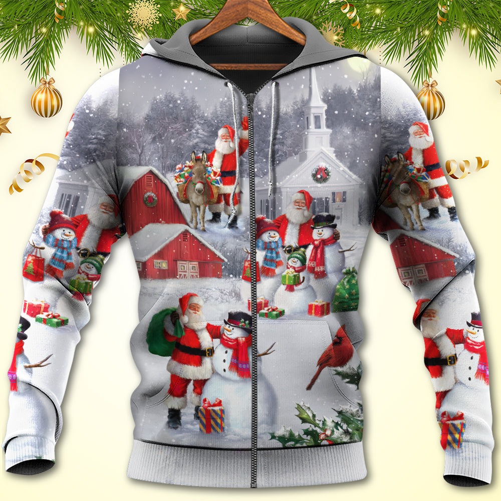 Christmas Santa With Snowman Family Town Art - Hoodie