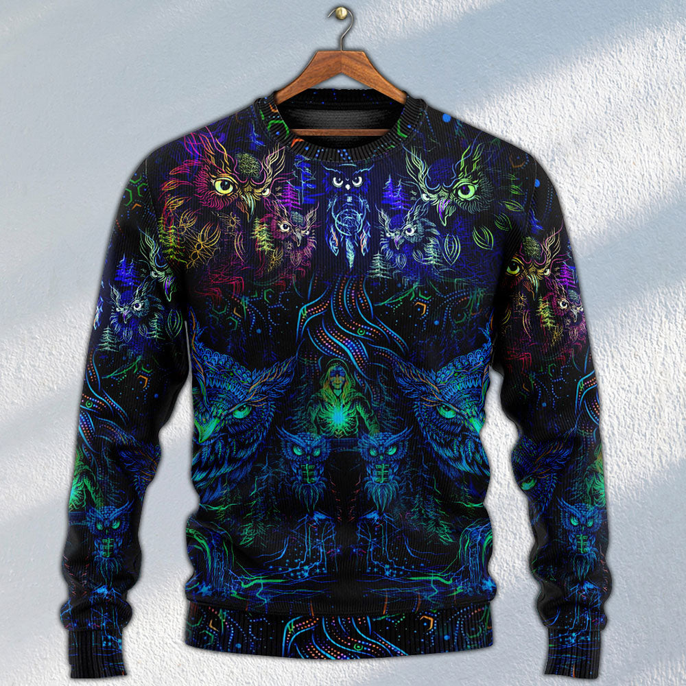 Colorful Owl And Witch Fantasy Art – Sweater - Ugly Christmas Sweater