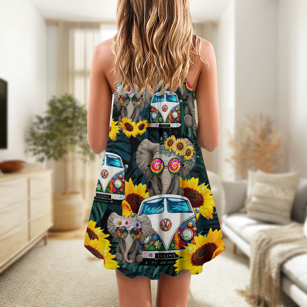 Hippie Elephant Camping Vibes – Women's Summer Sleeveless V-Neck Camisole Dress
