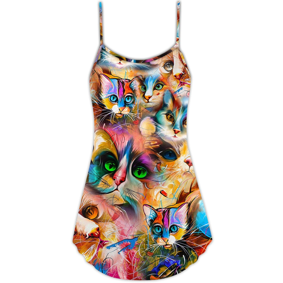 Colorful Cat Art Mixer – Women's Summer Sleeveless V-Neck Camisole Dress