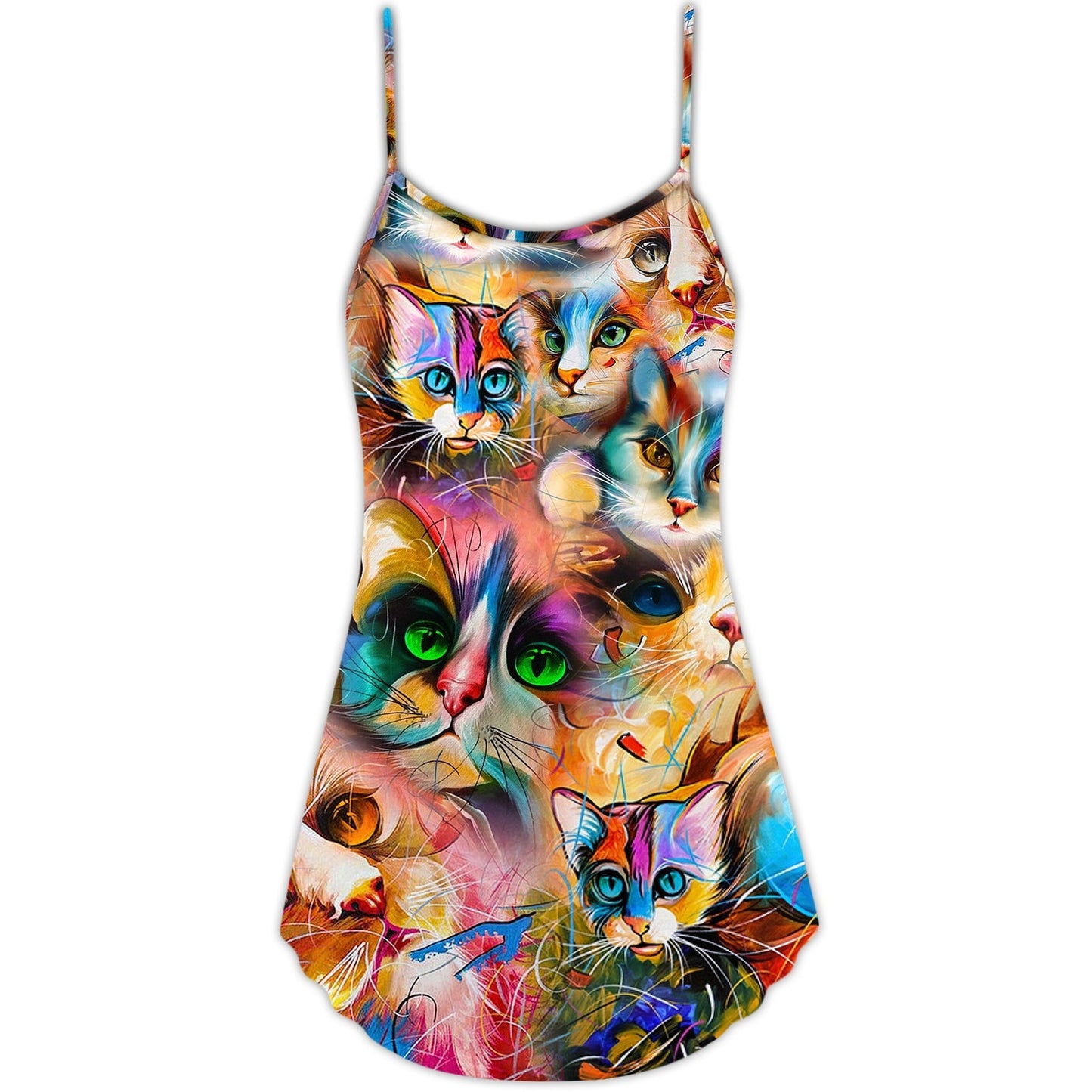 Colorful Cat Art Mixer – Women's Summer Sleeveless V-Neck Camisole Dress