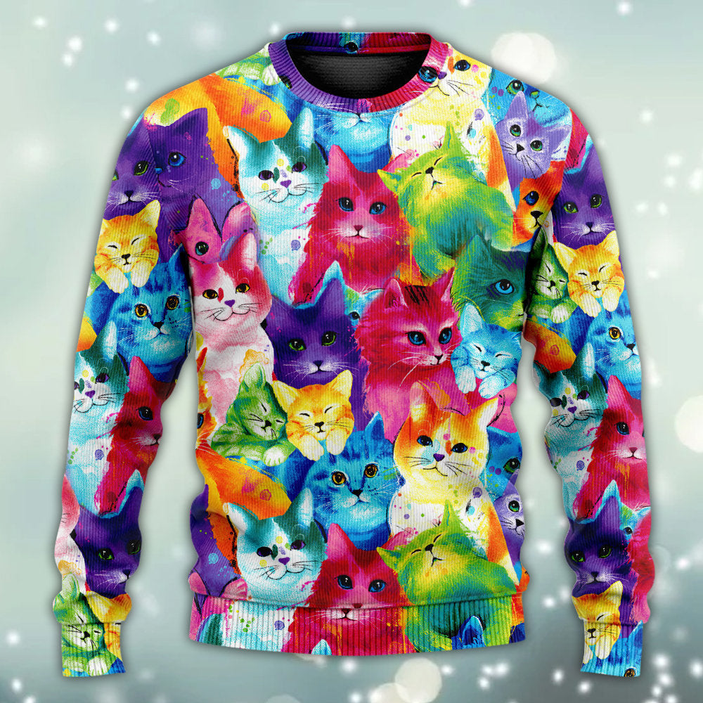 Colorful Cute Kitten Happy Life Art – Sweater - Ugly Christmas Sweater