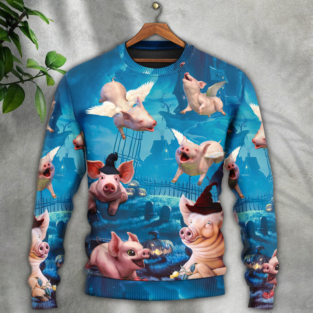 Halloween Flying Pig Pumpkin Art – Sweater - Ugly Christmas Sweater
