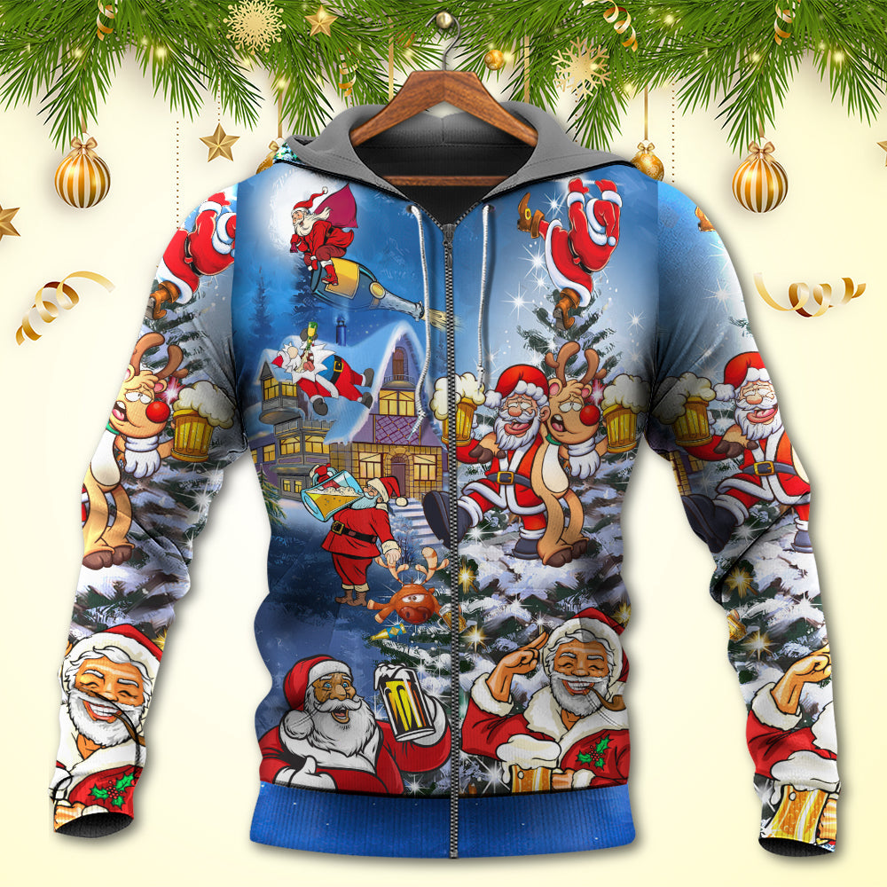 Christmas Funny Santa Drinking Beer Style - Hoodie