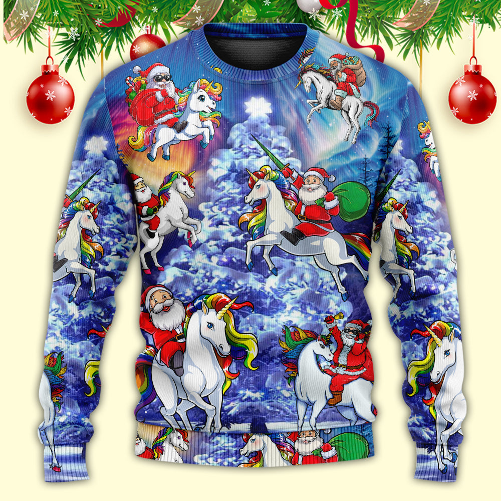 Christmas Santa Riding Unicorn Rainbow Night – Sweater - Ugly Christmas Sweater