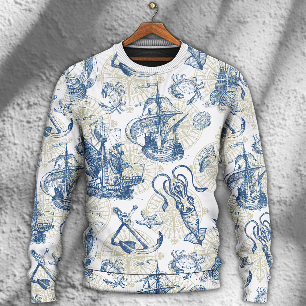 Vintage Sailboat Sea Monster Map Art – Sweater - Ugly Christmas Sweater