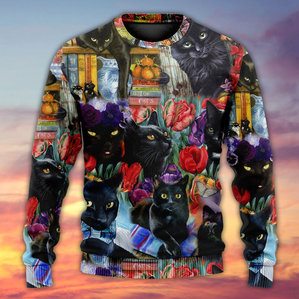 Black Cat Art With Floral Design – Sweater - Ugly Christmas Sweater