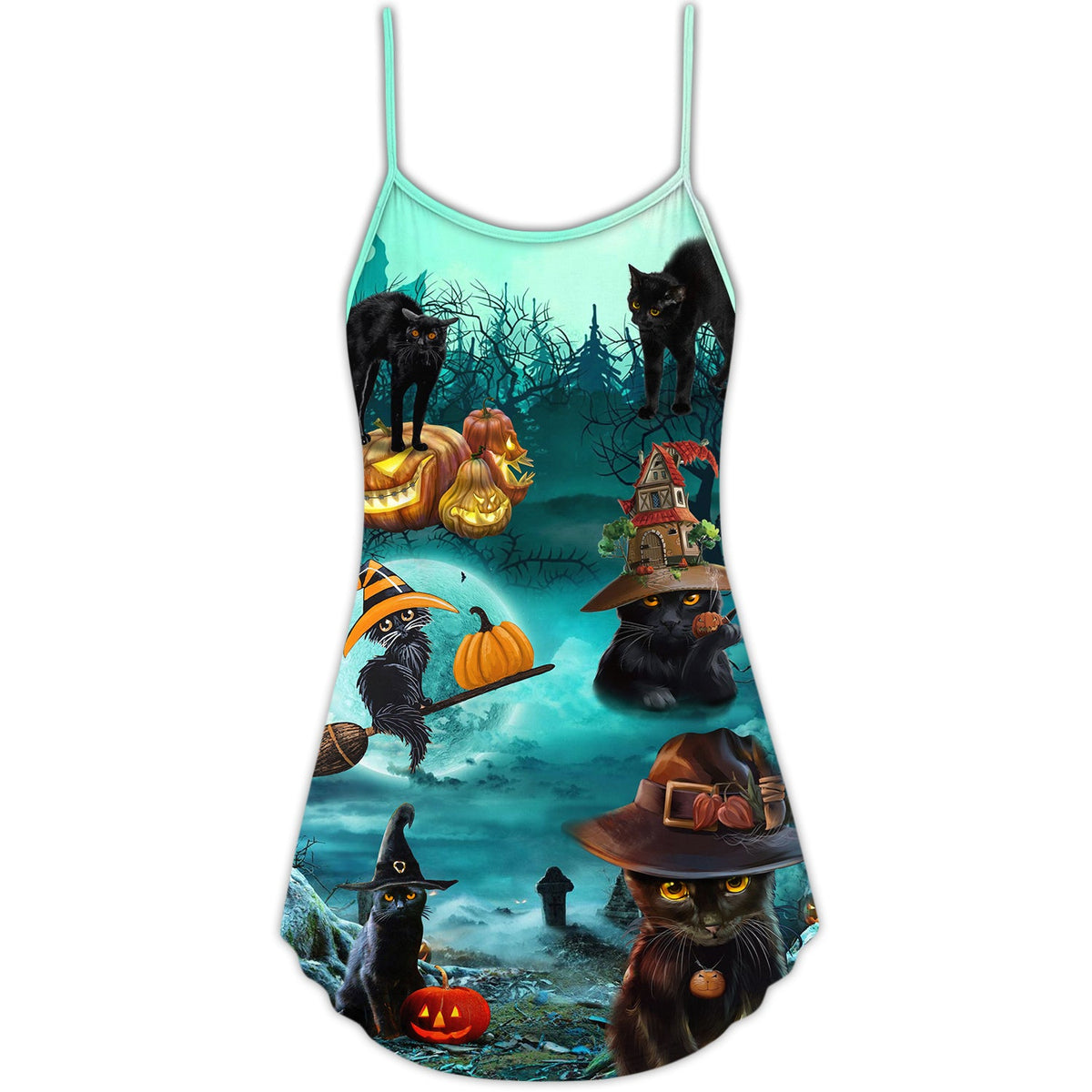 Halloween Black Cat Pumpkin Scary Style – Women's Summer Sleeveless V-Neck Camisole Dress