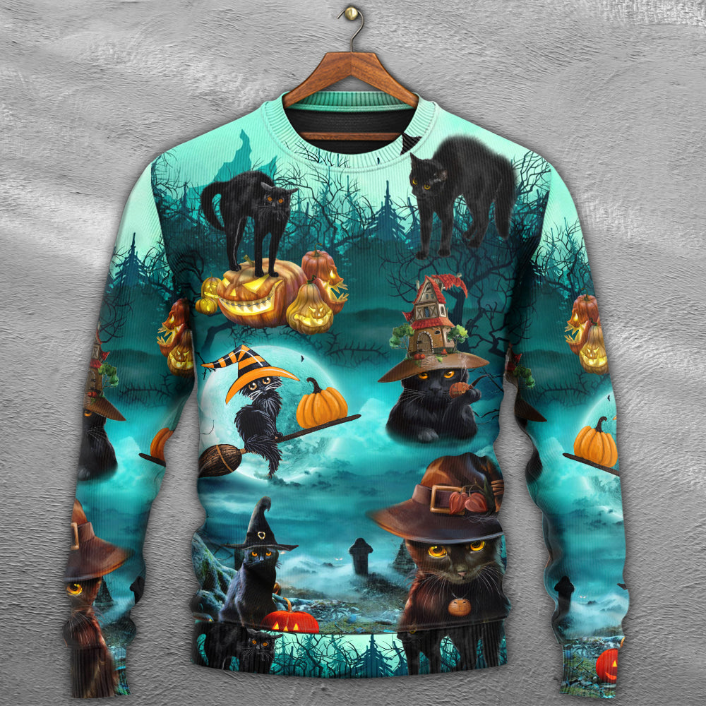 Halloween Black Cat Pumpkin Art Style – Sweater - Ugly Christmas Sweater
