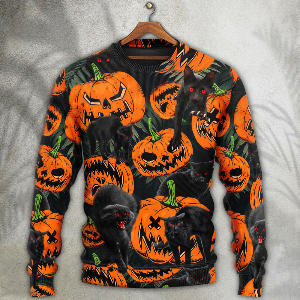 Halloween Black Cat Pumpkin Tropical Art – Sweater - Ugly Christmas Sweater