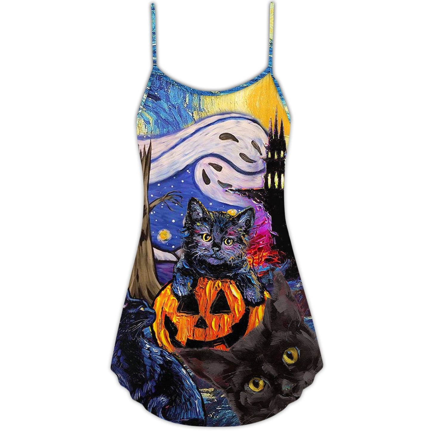 Halloween Black Cat Starry Night Funny – Women's Summer Sleeveless V-Neck Camisole Dress