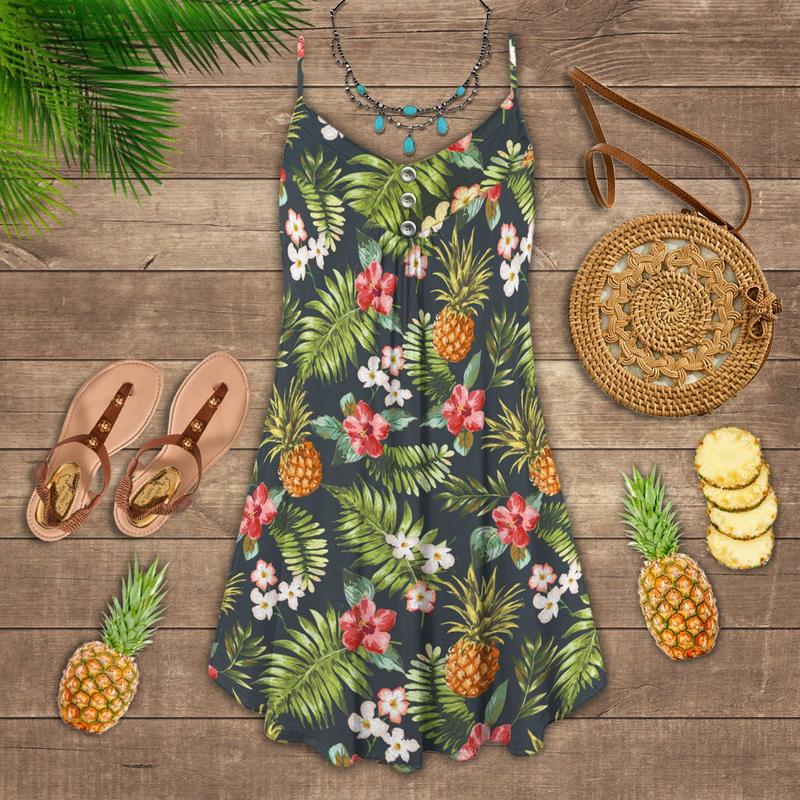 Pineapple Tropical Beauty Vibes – Women's Summer Sleeveless V-Neck Camisole Dress