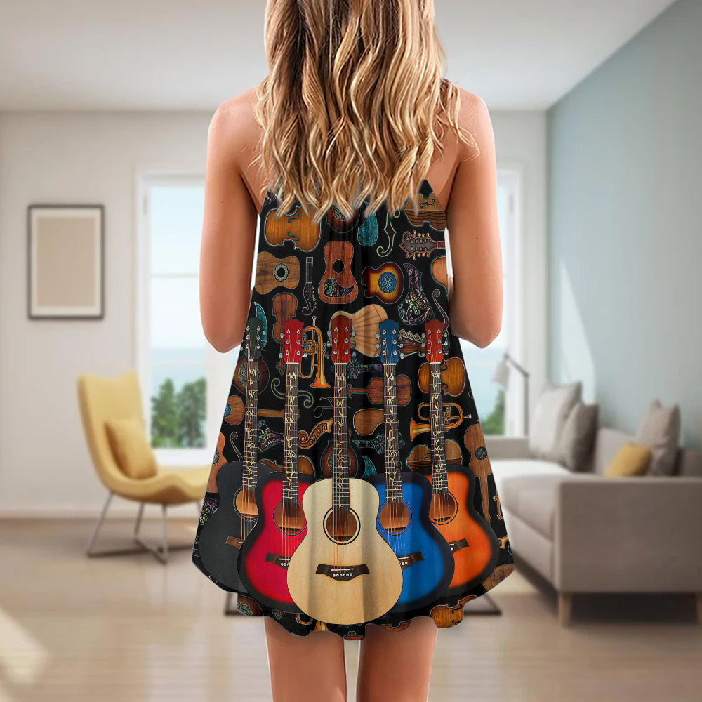 Guitar Lover Happy Life Music – Women's Summer Sleeveless V-Neck Camisole Dress