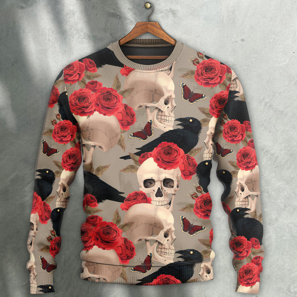 Gothic Skull Rose And Raven Art – Sweater - Ugly Christmas Sweater