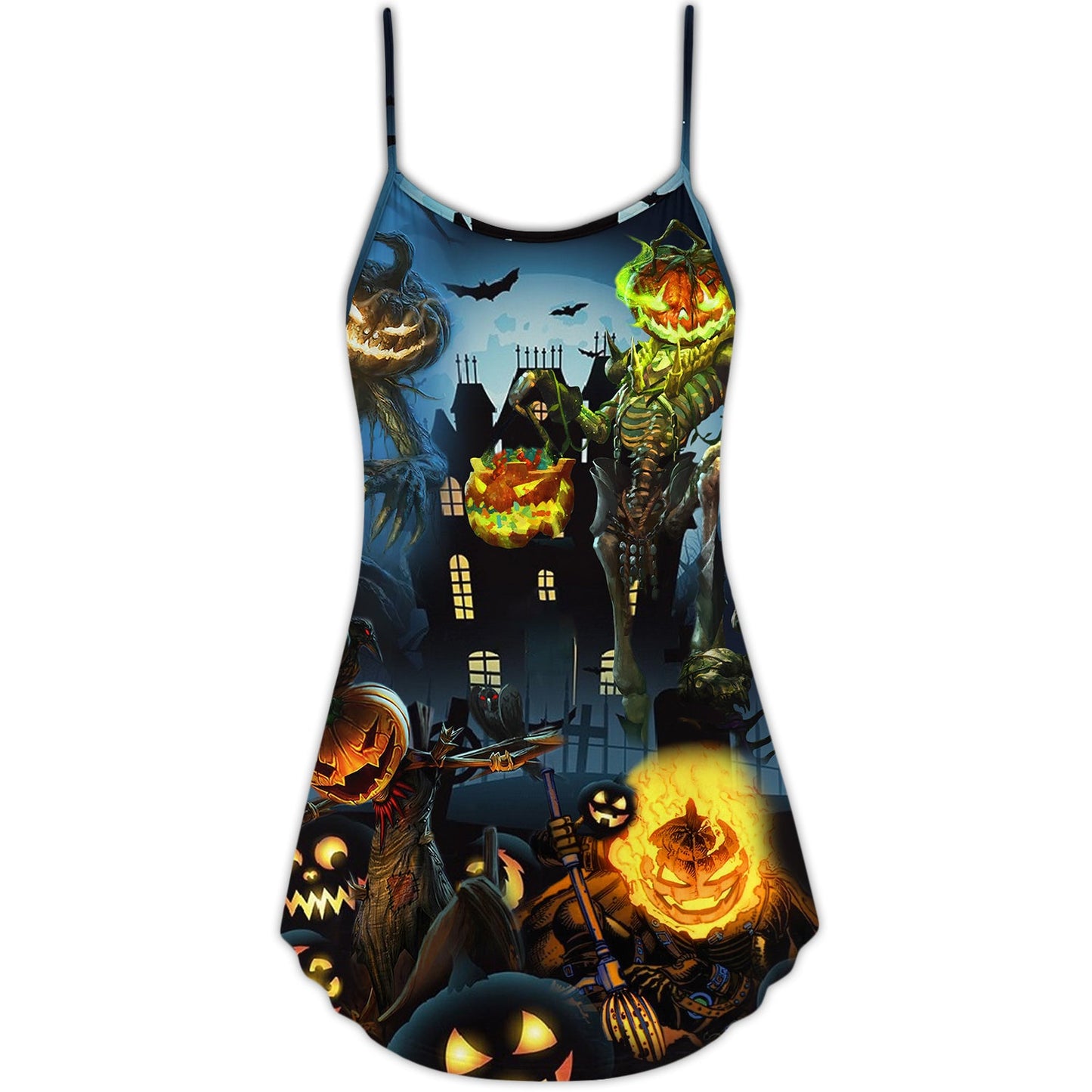 Halloween Pumpkin Scary Sky Night – Women's Summer Sleeveless V-Neck Camisole Dress
