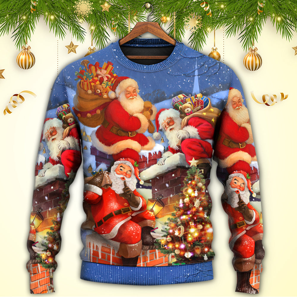Christmas Santa Up On Rooftop Art Style – Sweater - Ugly Christmas Sweater