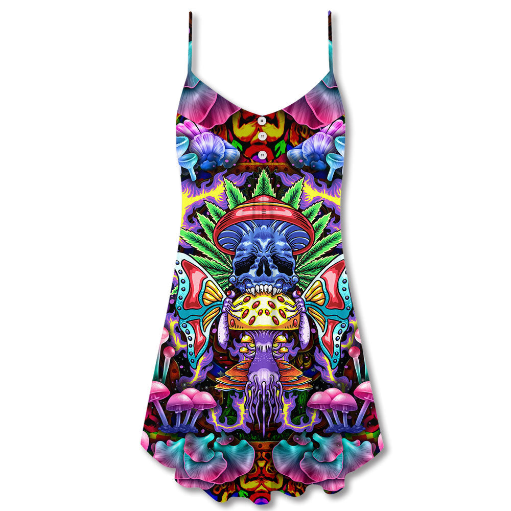 Hippie Mushroom Skull Art – Women's Summer Sleeveless V-Neck Camisole Dress