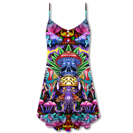 Hippie Mushroom Skull Art – Women's Summer Sleeveless V-Neck Camisole Dress