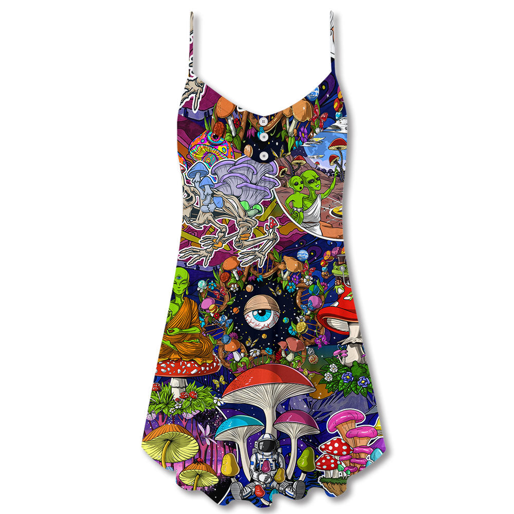 Hippie Mushroom Aliens Stay Hippie – Women's Summer Sleeveless V-Neck Camisole Dress