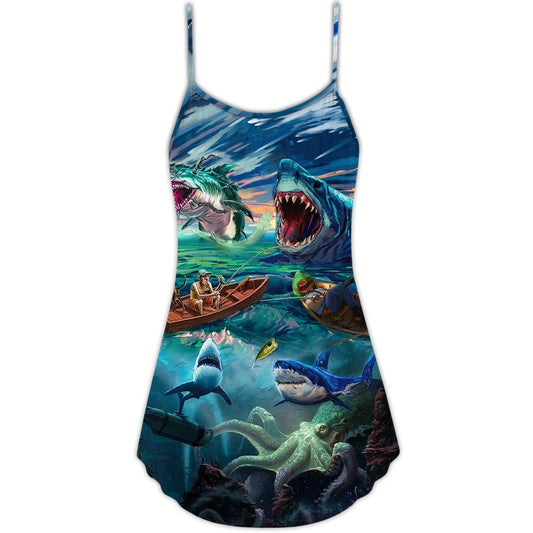 Fishing Shark Crazy Art – Women's Summer Sleeveless V-Neck Camisole Dress