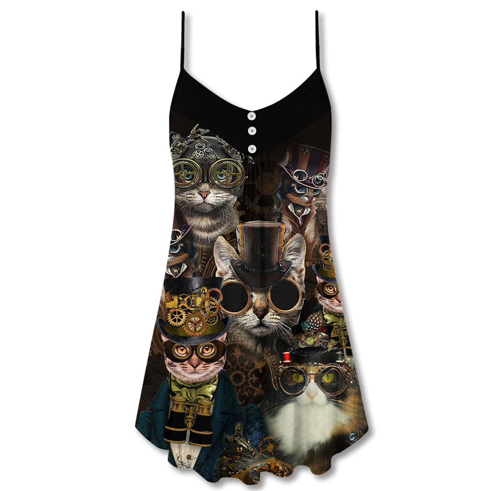Steampunk Cat Machine Lover – Women's Summer Sleeveless V-Neck Camisole Dress