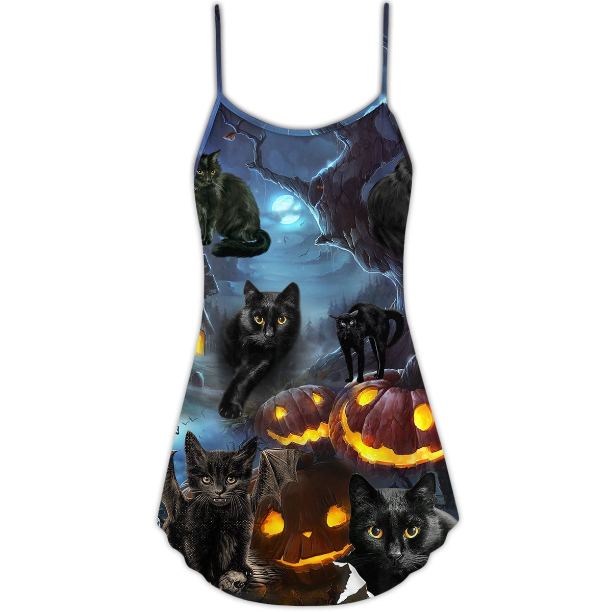 Halloween Black Cat Dark Night – Women's Summer Sleeveless V-Neck Camisole Dress