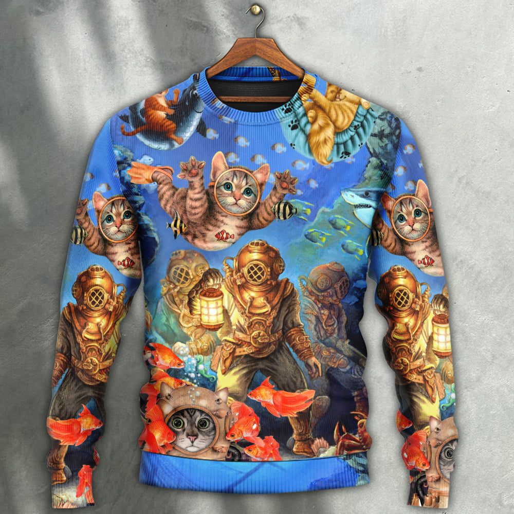 Diving Cat Under The Sea Art – Sweater - Ugly Christmas Sweater