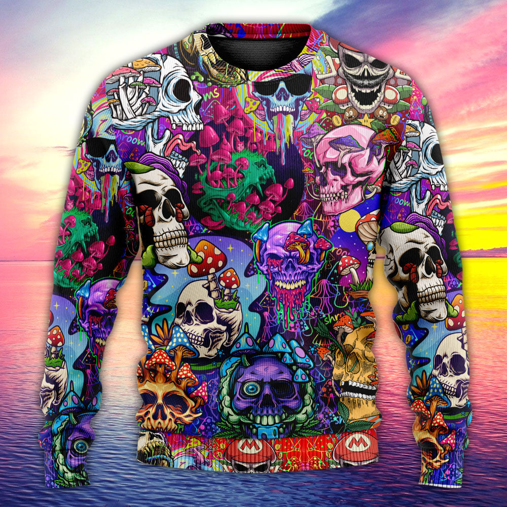Hippie Mushroom And Skull Colorful Art – Sweater - Ugly Christmas Sweater