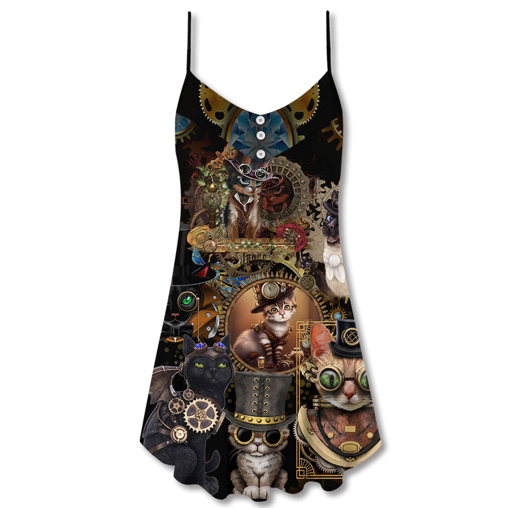 Steampunk Cat Keep Calm – Women's Summer Sleeveless V-Neck Camisole Dress