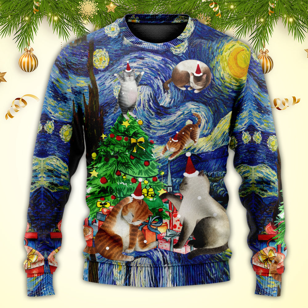 Christmas Cat Playing In Starry Night – Sweater - Ugly Christmas Sweater