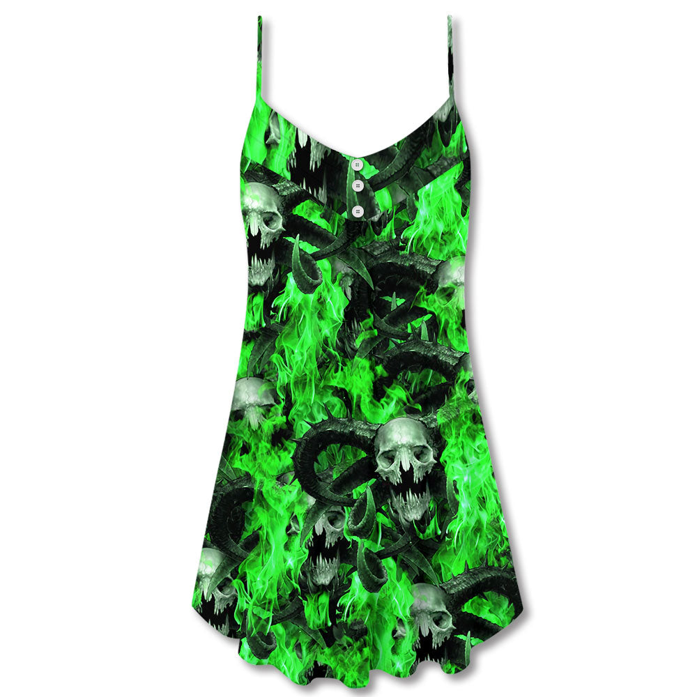 Green Flame Skull Burn – Women's Summer Sleeveless V-Neck Camisole Dress