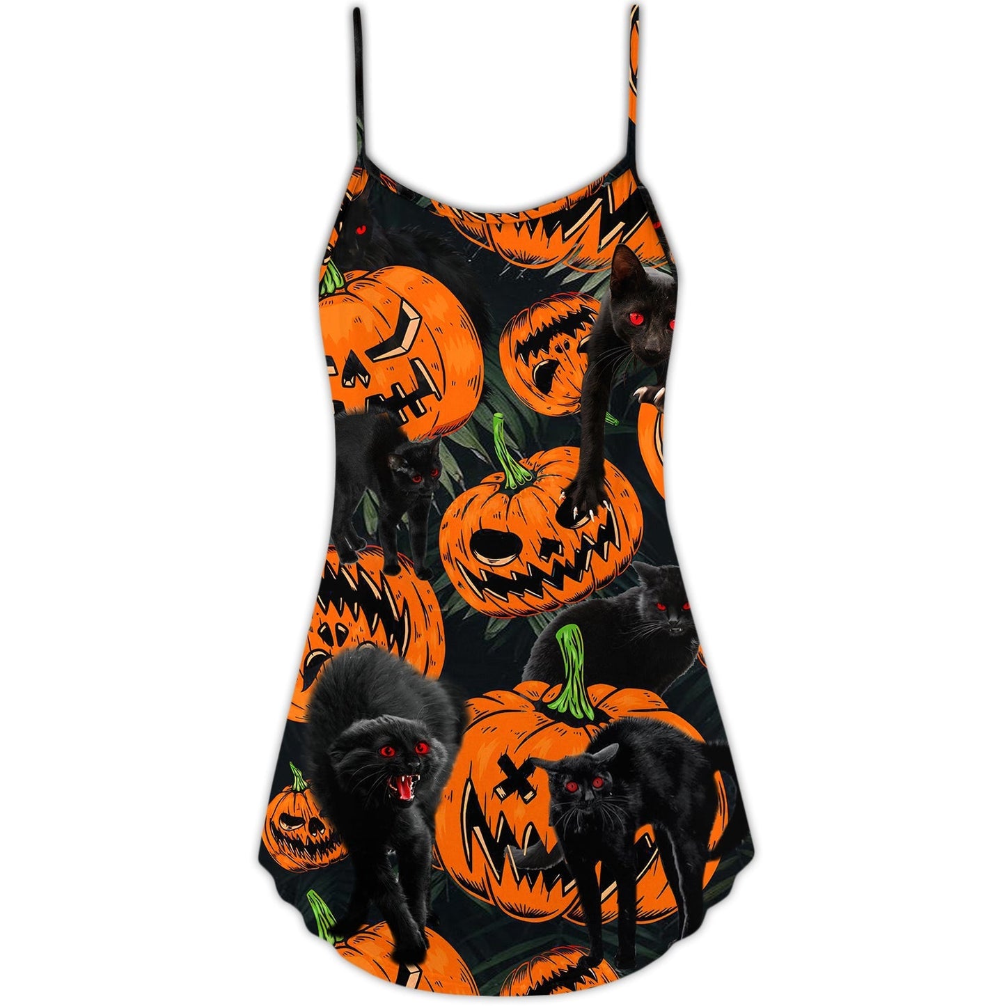 Halloween Tropical Black Cat Pumpkin – Women's Summer Sleeveless V-Neck Camisole Dress