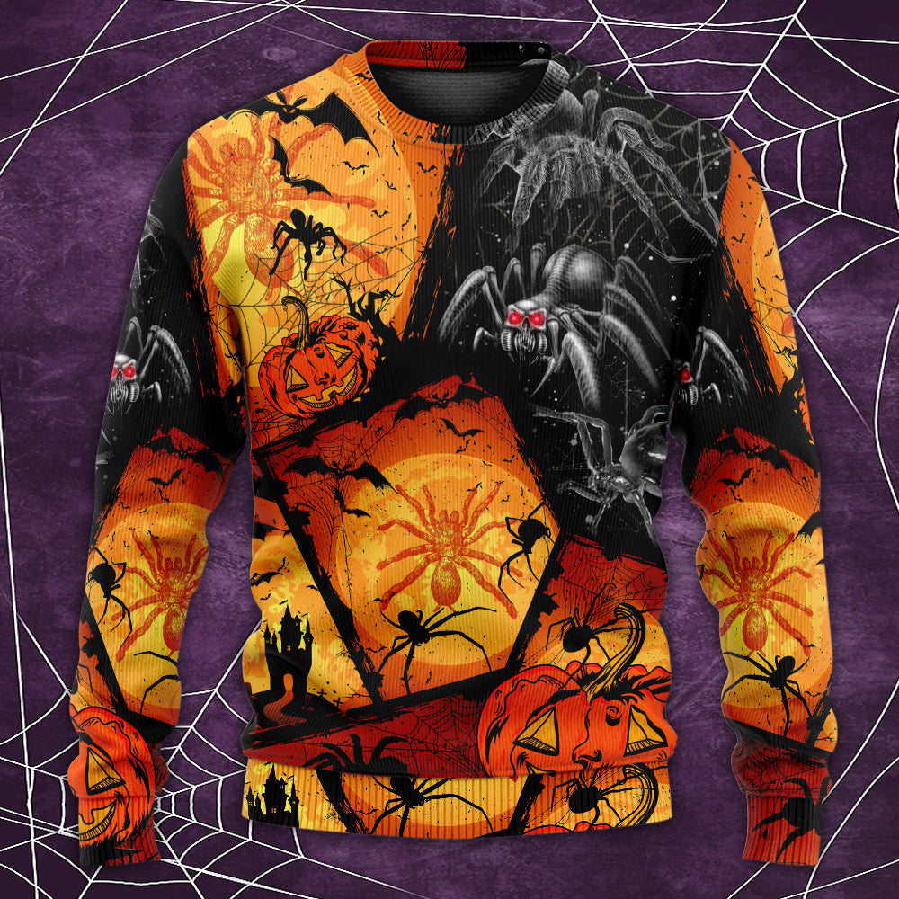 Halloween Spider Pumpkin Night Art – Sweater - Ugly Christmas Sweater