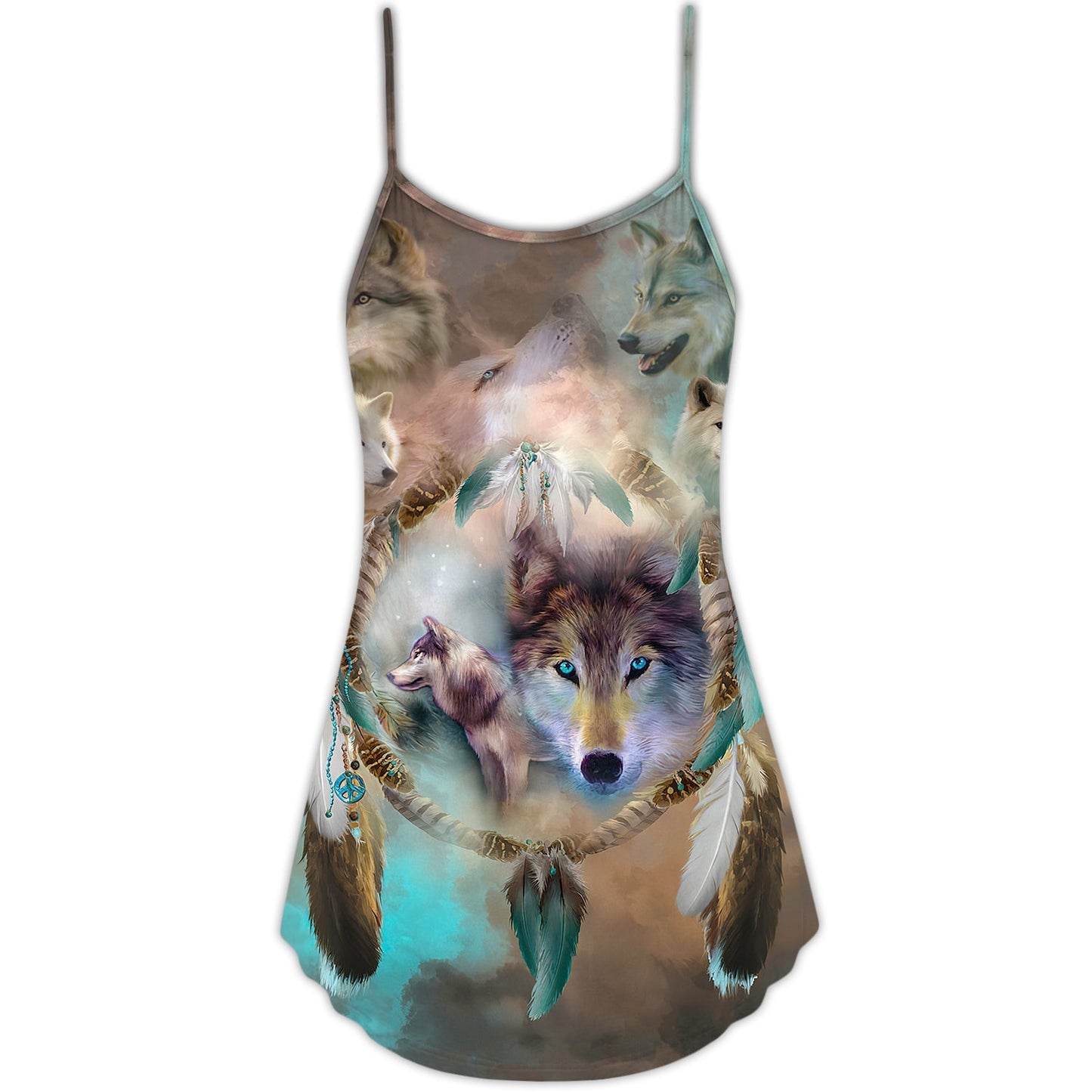 Tribal Wolf Dream Catcher Style – Women's Summer Sleeveless V-Neck Camisole Dress