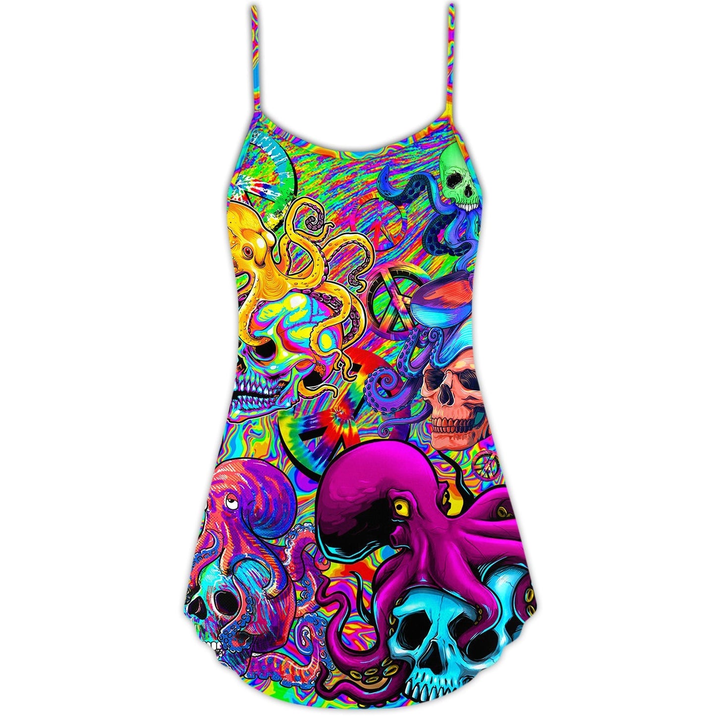 Hippie Skull Octopus Colorful Tie Dye – Women's Summer Sleeveless V-Neck Camisole Dress