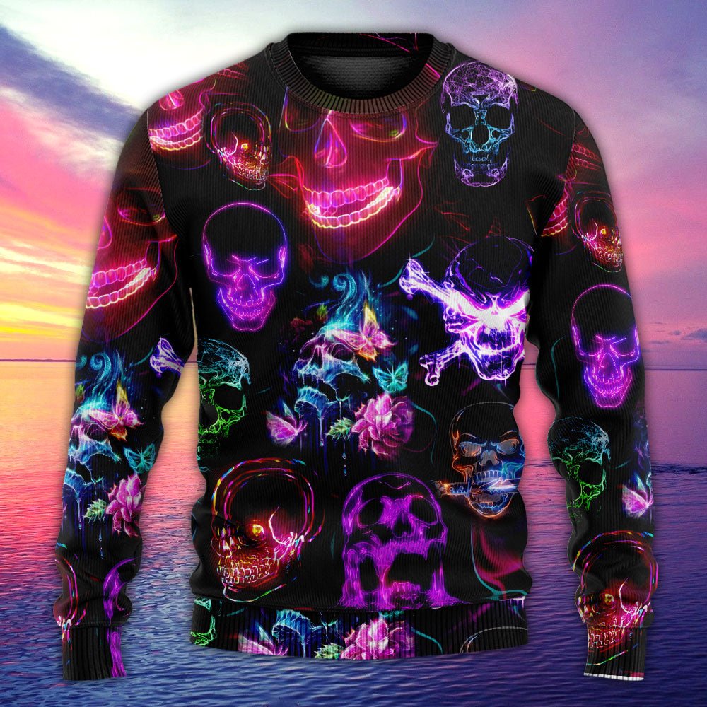Skull Neon Art Happy Holiday Style – Sweater - Ugly Christmas Sweater
