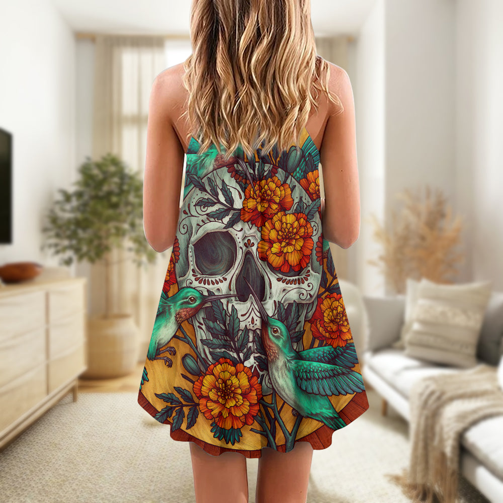 Floral Skull And Hummingbird – Women's Summer Sleeveless V-Neck Camisole Dress