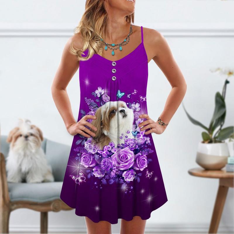 Purple Rose Shih Tzu Butterfly – Women's Summer Sleeveless V-Neck Camisole Dress