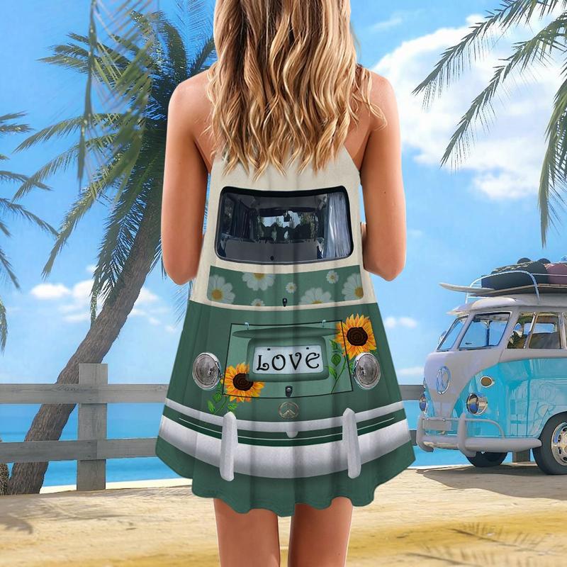 Retro Hippie Van Sunflower – Women's Summer Sleeveless V-Neck Camisole Dress
